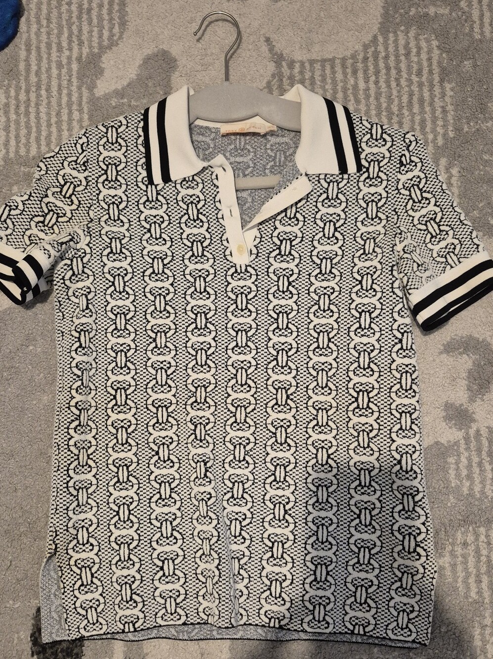 Tory Burch Chain Link White & Black Patterned Knit Polo Shirt Xs